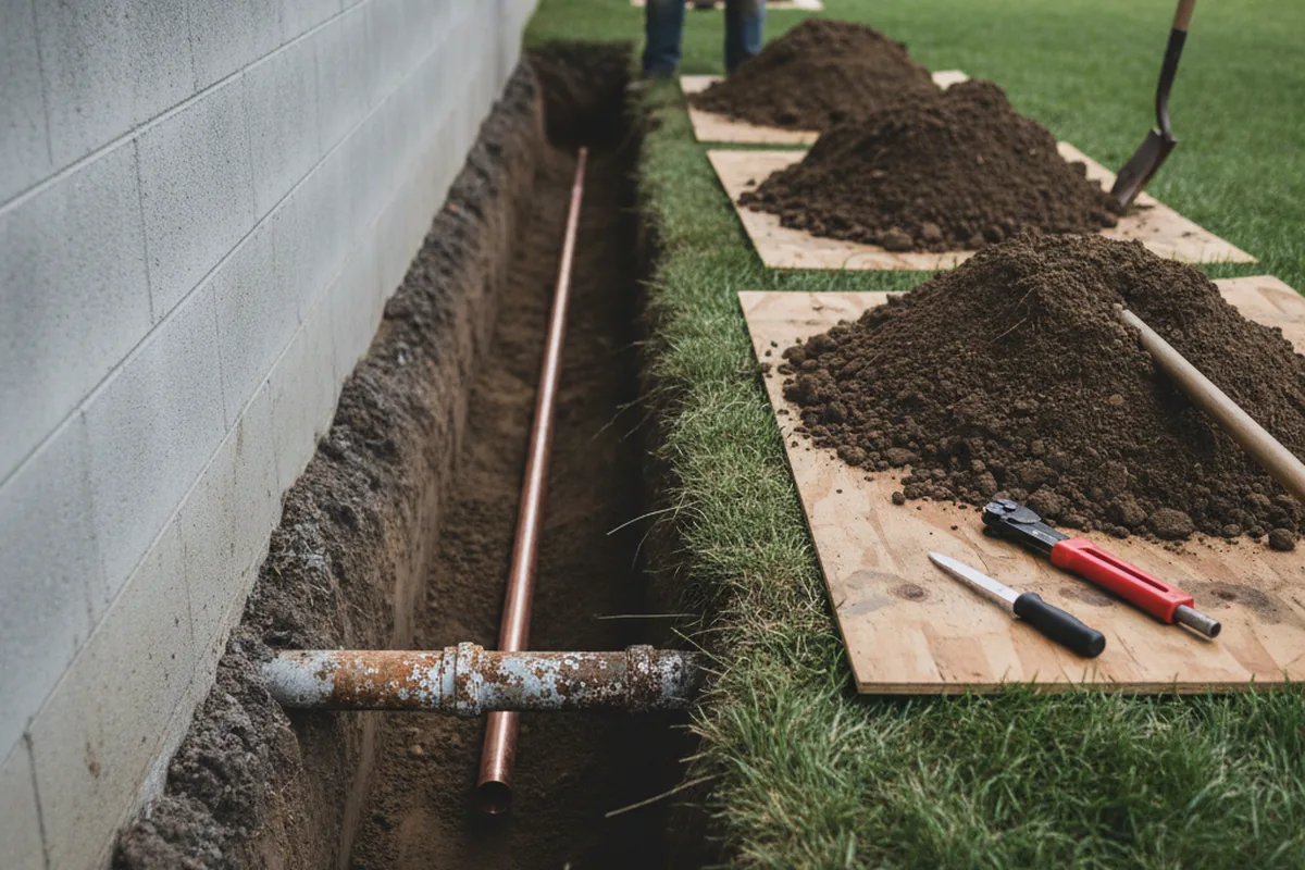 Excavated water line trench during Water Softener Installation in Homeland